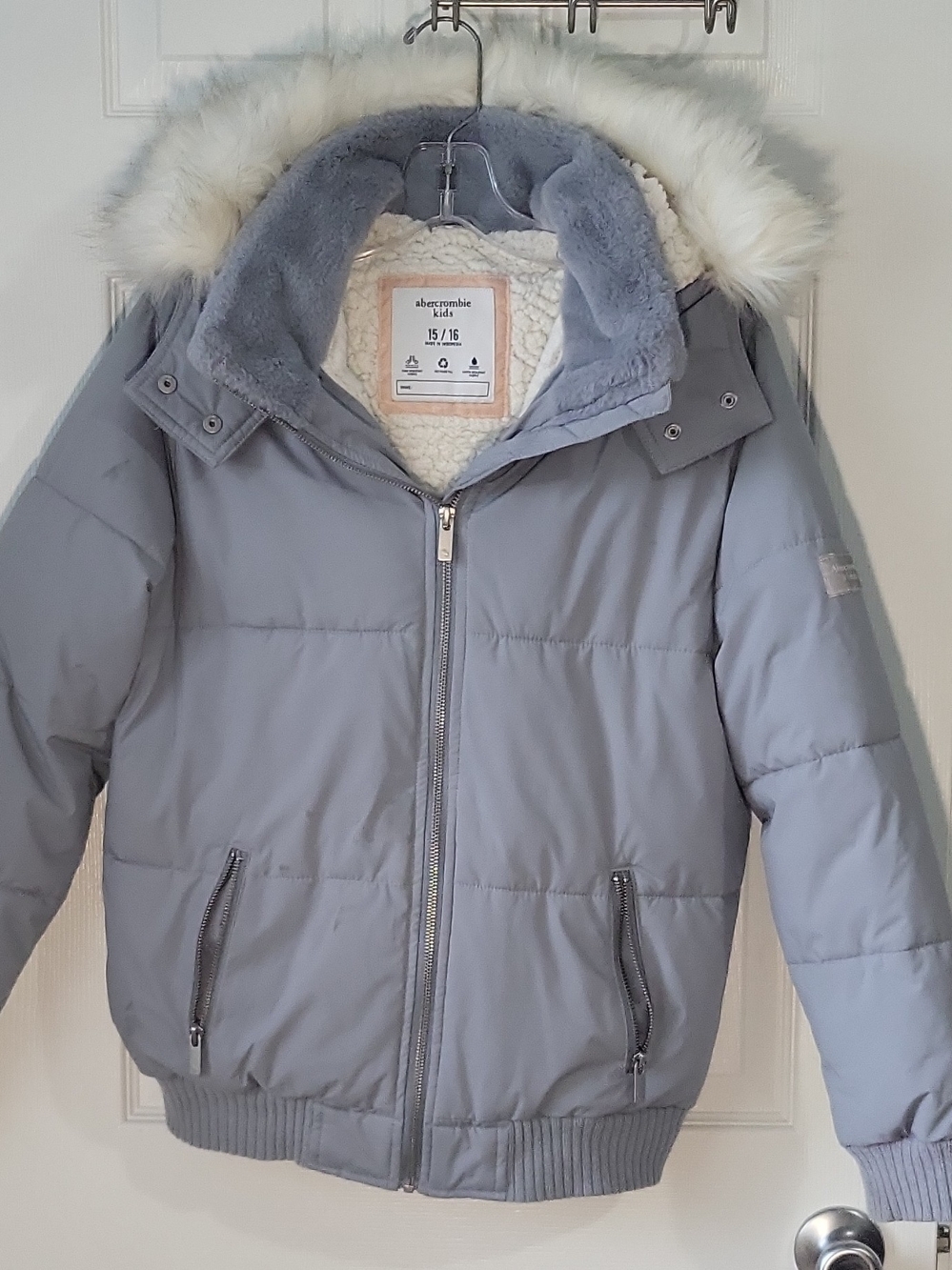 Abercrombie Kids Grey Faux-Fur Hooded Puffer Jacket